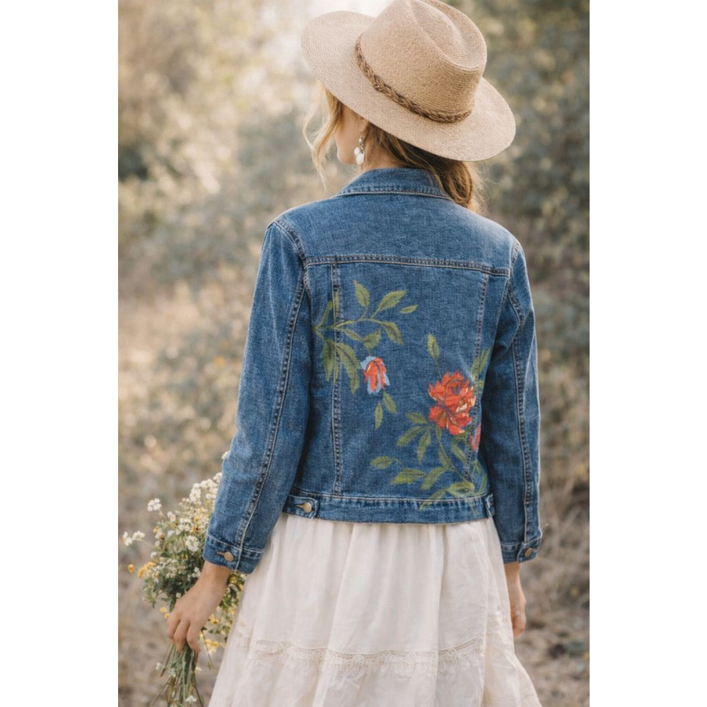 Kate Landry Floral Painted Denim Jacket Stretch Jean Jacket Boho Cottagecore